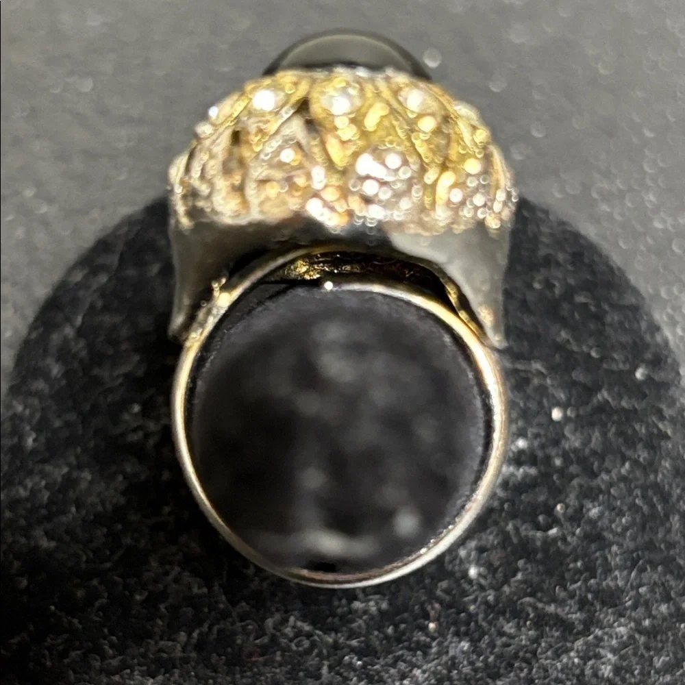 Vintage Black Stone Cabochon Rhinestone Oval Cocktail Adjustable Ring